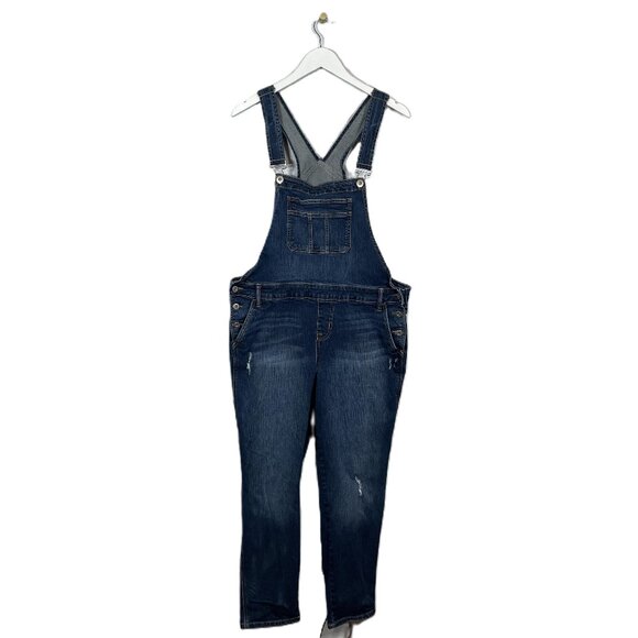 Torrid Women Plus Size 18 Dark Wash Denim Crop Overall Distressed Stretch Pocket - Picture 1 of 10